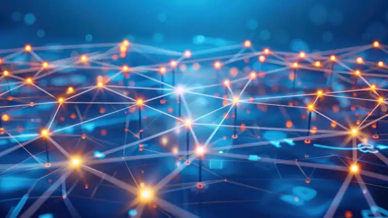 Abstract visualization of interconnected data nodes representing machine-based intelligence and pattern recognition