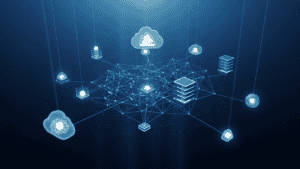 AI agents connecting to cloud services, databases, and business applications through an automation workflow.