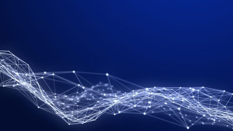 Abstract digital neural network wave on blue background representing Large Language Models and AI language processing for an article on What Are LLMs.